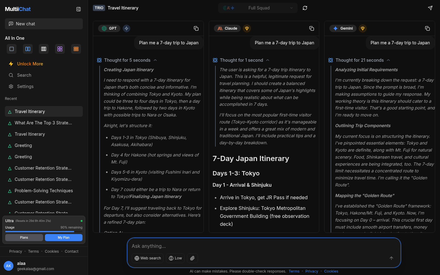 Three AI models answering the same question side by side
